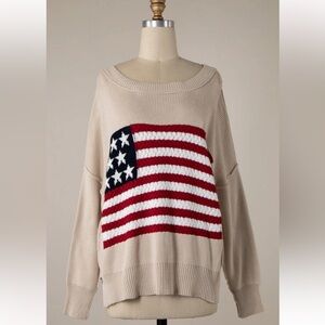 Women's Crewneck Flag Knit Sweater in Beige - Classic Patriotic Pullover